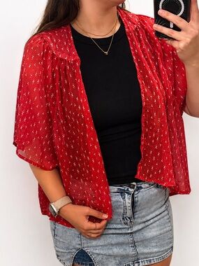 SO Red Sheer Printed Open-Front Camisole